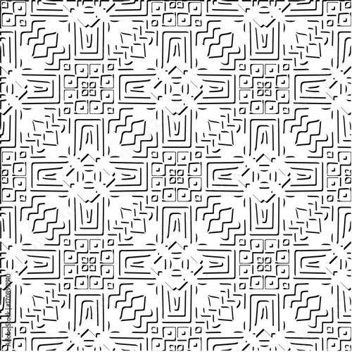 3d relief tiles. Vector pattern with symmetrical elements . Modern stylish abstract texture. Repeating tiles from striped elements. Black and white pattern.