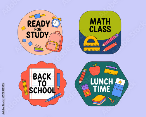 A collection of four colorful school-themed stickers with text like 'Ready for Study', 'Math Class', 'Back to School', and 'Lunch Time'.