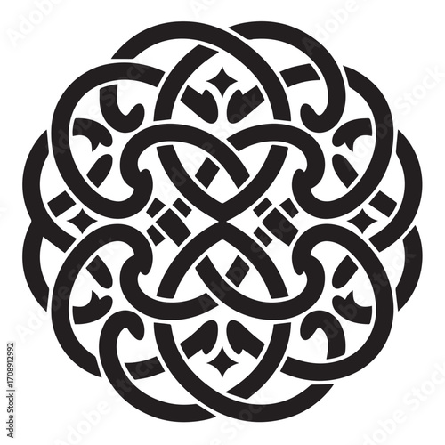 Intricate black celtic knot design with interlocking loops and decorative elements on a white background