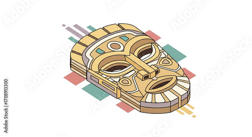 Geometric Tribal Mask, Isometric Style, Vibrant Colors