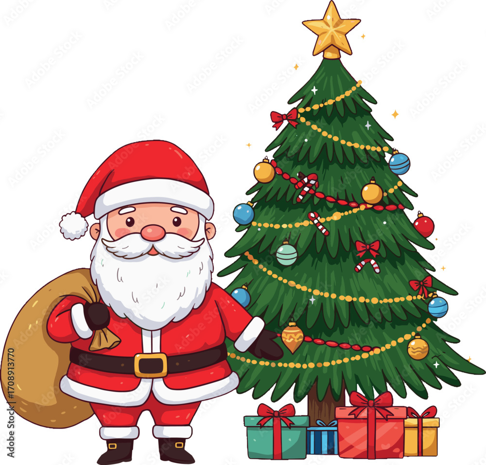 Fototapeta premium A cheerful Santa Claus stands beside a decorated Christmas tree, bag of gifts in tow