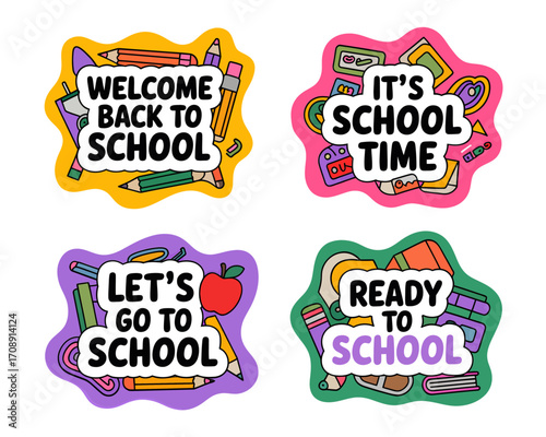 Back to school sticker set with school supplies and text.