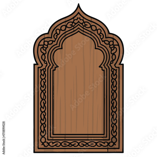 Intricate islamic prayer mat design featuring a pointed archway with detailed arabesque patterns and a decorative border