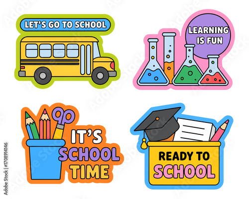 A collection of four colorful cartoon stickers related to school, featuring a school bus, science beakers, school supplies, and graduation cap.