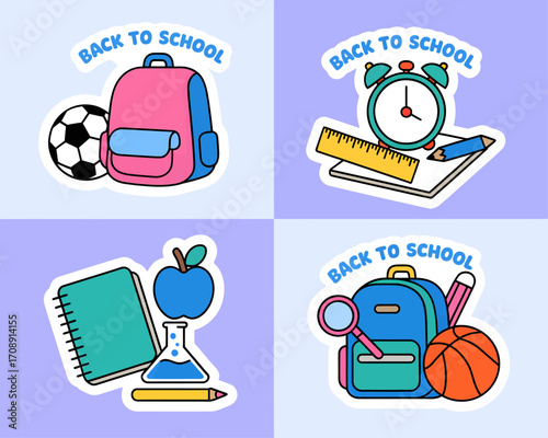 Four colorful back to school stickers with various school supplies and a soccer ball.