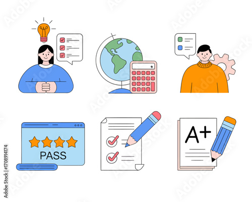 A set of educational icons illustrating concepts of learning, testing, and academic success with characters and symbols.