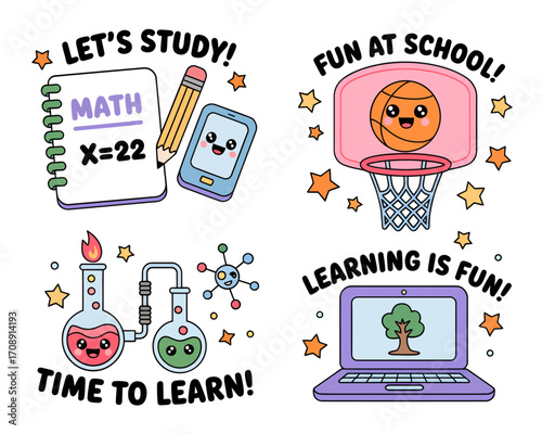 Four colorful illustrations with school-related themes, including math, basketball, science, and a laptop.