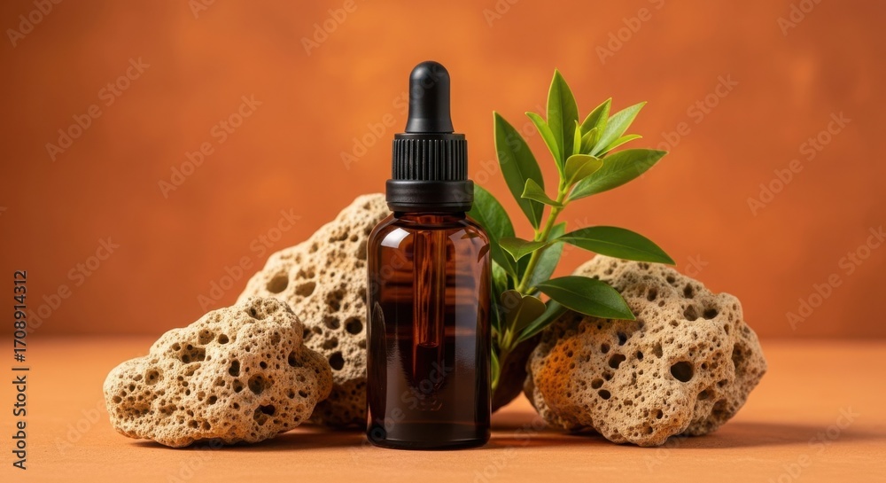 Naklejka premium Amber glass dropper bottle with green leaves and stone