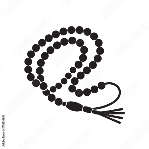 Islamic prayer beads or tasbih made of black beads with a tassel isolated on a white background symbolizing spirituality and devotion
