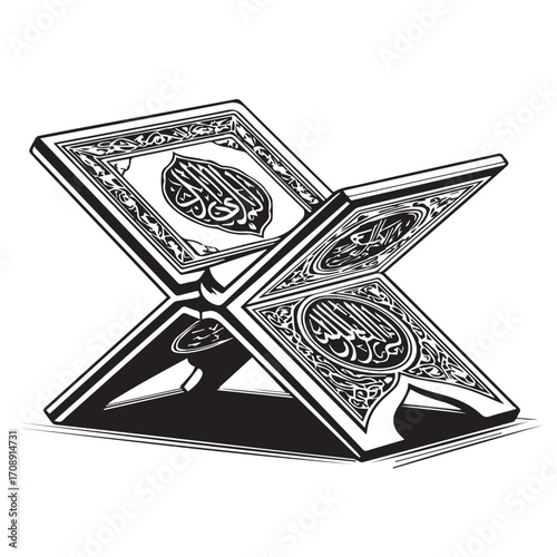 Ornate islamic quran on a decorative wooden book stand with intricate arabic calligraphy and geometric patterns