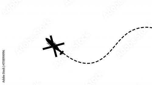 helicopter route flight from right to left on dash line. Dashed line route animation on white background 4k video