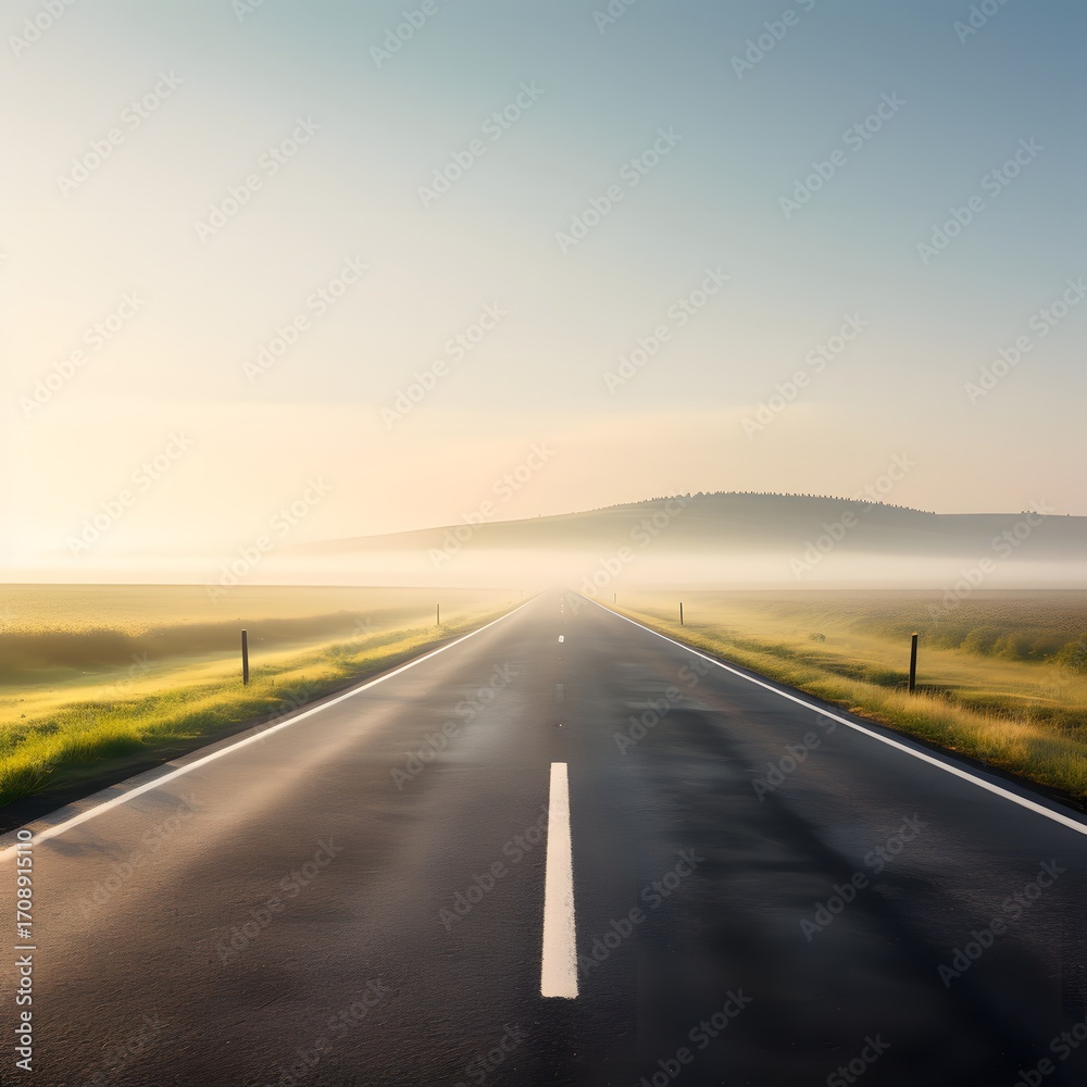 Fototapeta premium Minimalist landscape with a long straight road leading to a glowing horizon