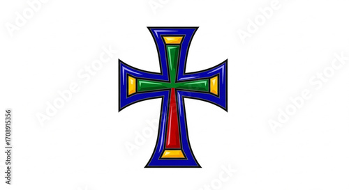 Vibrant Jeweled Cross Patt?e Illustration with Bold Blue Border and Stained Glass Effect.
