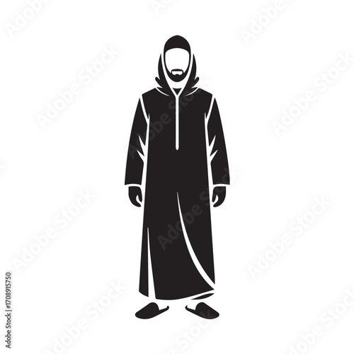 Silhouette of a man wearing a traditional hooded djellaba or thawb with a beard standing against a white background