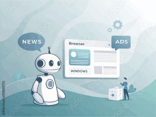Illustration of a robot with news bubble, browser window, ads bubble, and a person with a cube box