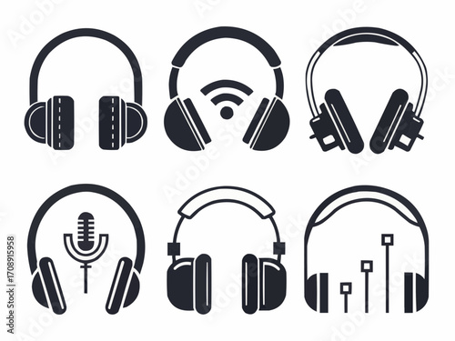 Collection of six different black and white headphone icons with various features and styles shown here