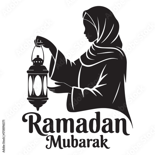 Silhouette of a muslim woman wearing a hijab holding a traditional ramadan lantern with ramadan mubarak text below