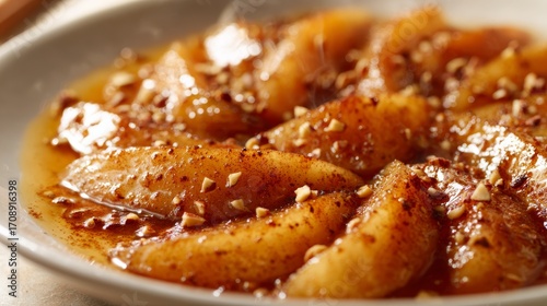 A close-up of caramelized apple slices glistening with a glossy, amber maple syrup glaze.