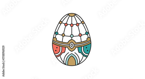 Ornate Geometric Easter Egg Design:  Vibrant Teal, Coral, and Gold Line Art Illustration