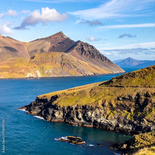 Coastal scenery with mountains and water
