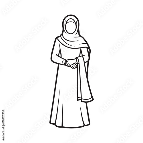 Simple line art illustration of a woman wearing a hijab and modest dress standing gracefully
