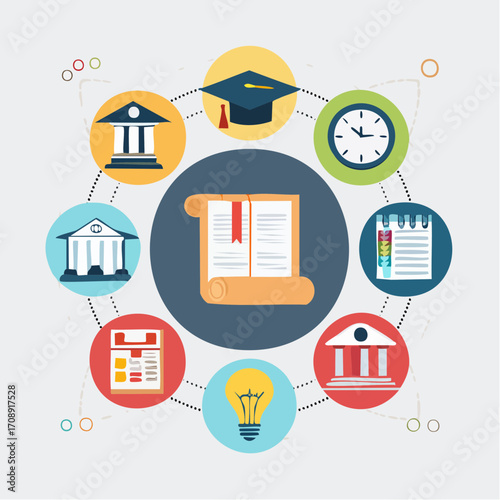 Educational conceptual icons representing learning and knowledge with a central open book and surrounding symbols
