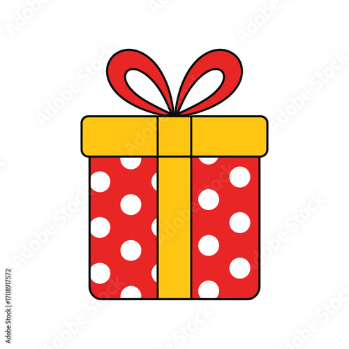Illustration of a red gift box with white polka dots and a yellow ribbon, , perfect for christmas or birthday celebrations