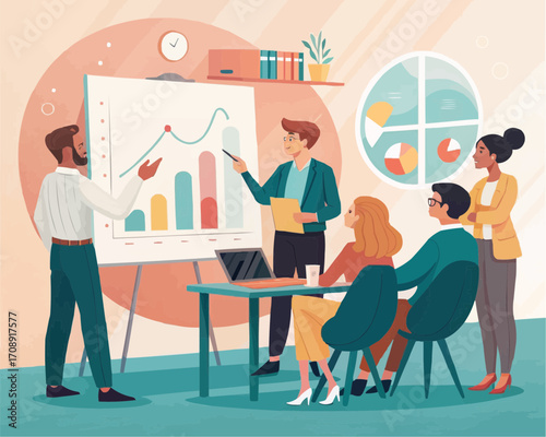 A business presentation with two presenters and a group of people watching a chart and a laptop on a table