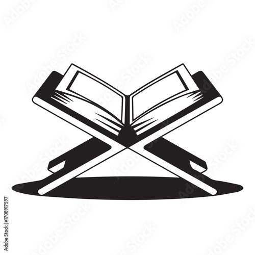 Stylized black and white illustration of an open holy quran book resting on a wooden rehal stand casting a shadow
