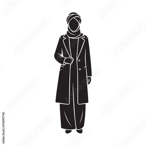 Stylized silhouette of a woman wearing a hijab and a long coat with pants
