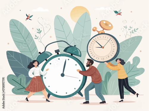 People interacting with large clocks surrounded by foliage and flying birds in a whimsical illustration