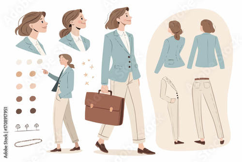 Illustration showing a woman in a blazer and pants with different views and skin tone color options and accessories