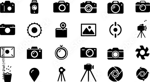 Foto camera icon vector set. Photo illustration sign. Photo studio symbol. Photo session logo. Focus mark.
