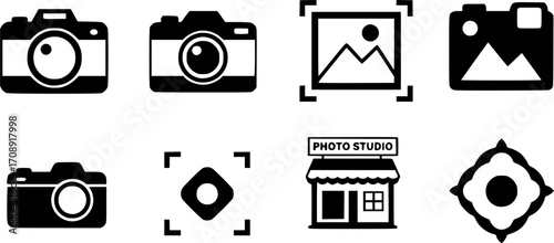 Foto camera icon vector set. Photo illustration sign. Photo studio symbol. Photo session logo. Focus mark.
