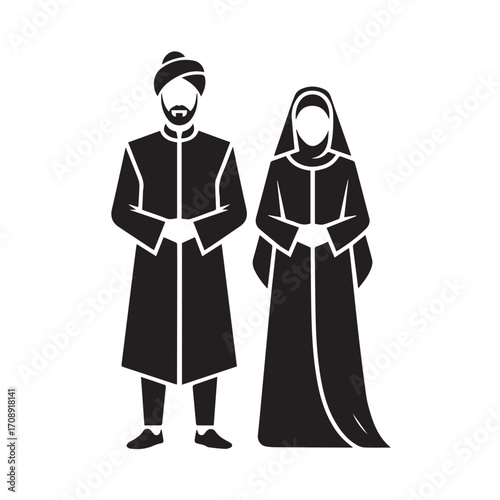 Traditional islamic couple silhouette wearing cultural attire and headscarf representing family unity and heritage