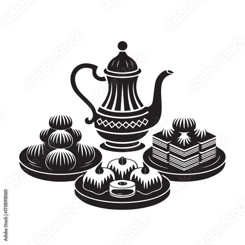 Traditional middle eastern coffee pot with assortment of sweet pastries and desserts arranged artistically on plates