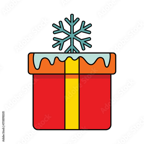 A charming red gift box topped with a delicate snowflake and dripping icing, , perfect for winter holidays and festive cheer