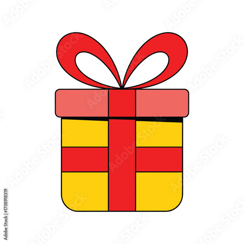 A cheerful yellow gift box wrapped with a vibrant red ribbon and topped with a matching bow, , perfect for celebrations and special occasions