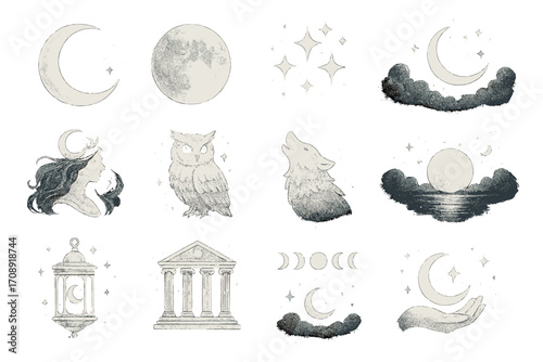 Nighttime celestial silhouette icon set. featuring moon, stars, owl, wolf, clouds, lantern, temple, hand