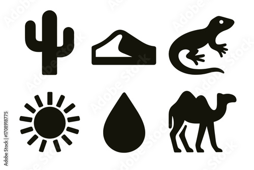 Desert elements silhouette icon set. featuring cactus, dune, lizard, sun, raindrop, camel