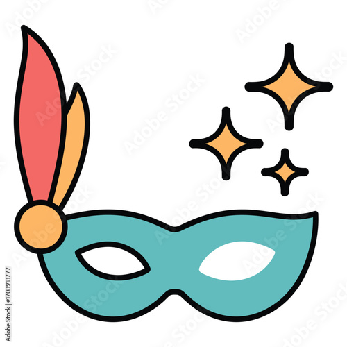 Illustration of a blue masquerade mask with a feather and sparkles, perfect for party invitations, costume designs, or festive decorations