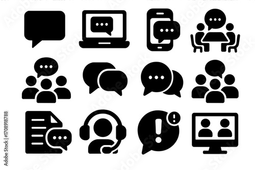 Communication silhouette icon set. featuring chat, laptop, smartphone, meeting, group, headset, and alert symbols