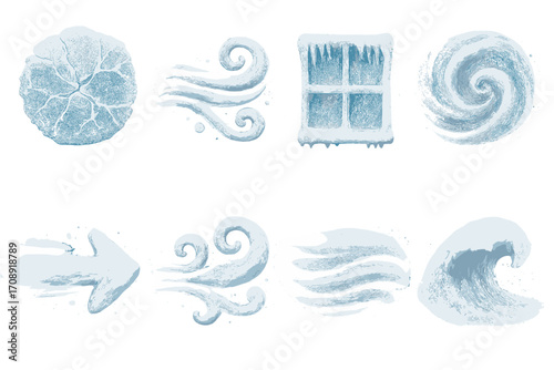 Weather elements silhouette icon set. featuring ice, wind, snow, frost, blizzard, storm, and wave symbols