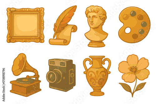 Vintage artifacts silhouette icon set. featuring frame, quill, bust, palette, gramophone, camera, vase, flower