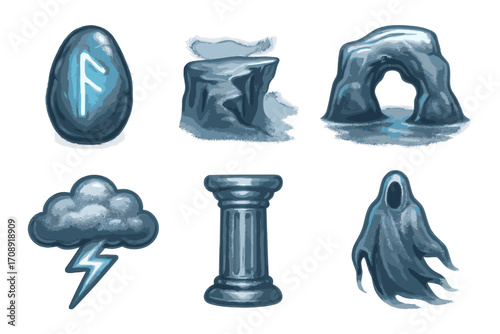Mythical elements silhouette icon set. featuring rune stone, rock, cave, storm cloud, pillar, and ghost symbols