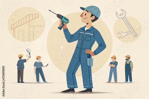 Illustration of a handyman holding a drill with construction worker team and tools around him