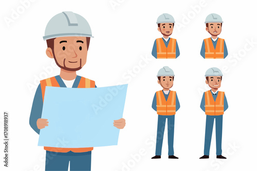 Illustration of a construction worker holding a blueprint with other worker poses shown nearby