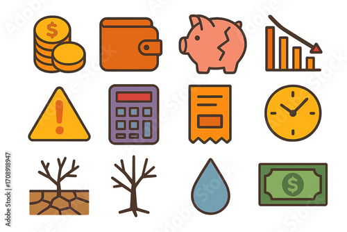 Economy flat icons set. featuring coins, wallet, piggy bank, graph, warning, calculator, receipt, clock