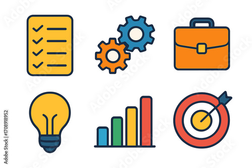 Business flat icon set. featuring checklist, gears, briefcase, lightbulb, bar chart, target