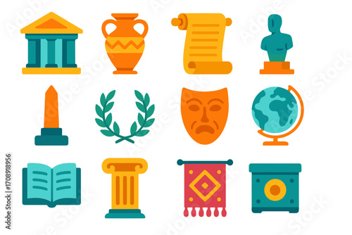 Ancient greece flat icon set. featuring temple, vase, scroll, bust, pillar, laurel, mask, globe, book, banner